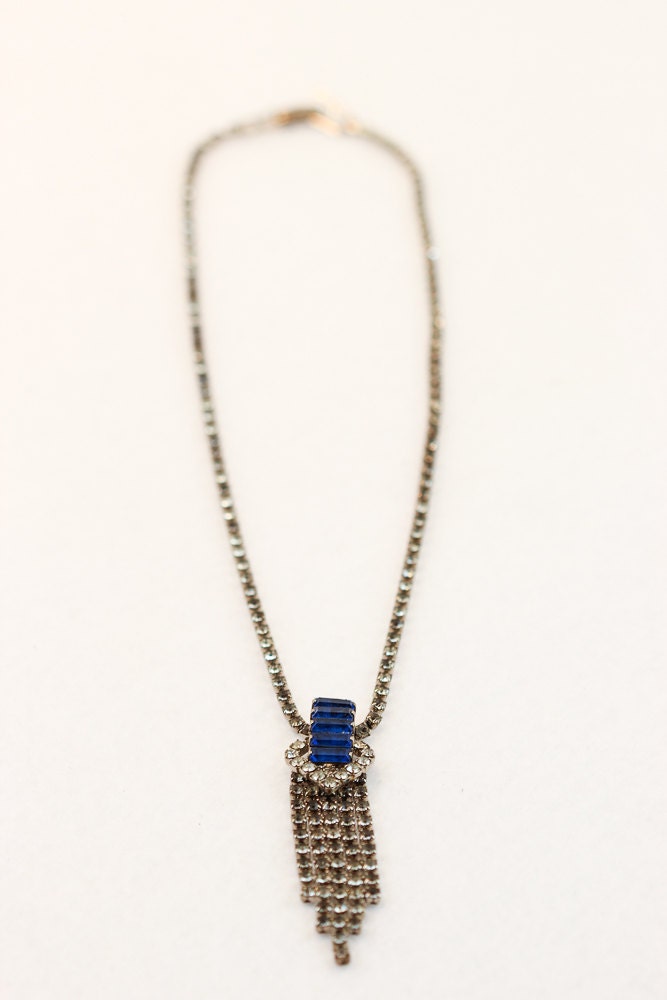 Vintage Rhinestone Necklace with Blue Baguettes - 3567