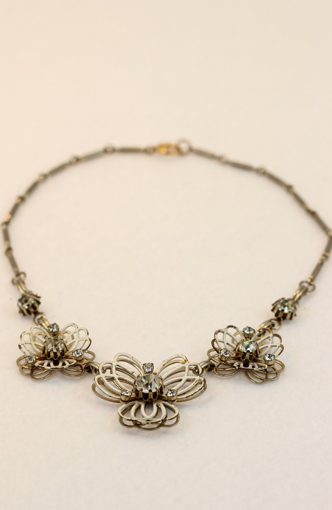 Vintage Metal Floral Geo Necklace with Rhinestones - Enamel White Flowers - 3502
