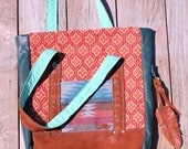 Torrance Tote in reclaimed teal leather, brown leather, mint, vintage orange and terracotta tapestry, grey wool tribal & leather feather