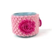 Knitted mug cosy pastel pink mug hug Spring floral cosie chunky cup cover with spotty fabric rose