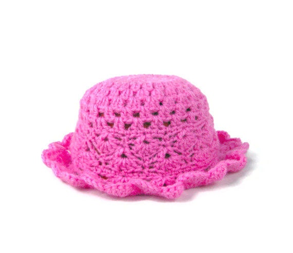 Sun hat baby girl crochet baby hat bright pink frilly hat girls beanie newborn 0 - 3 months