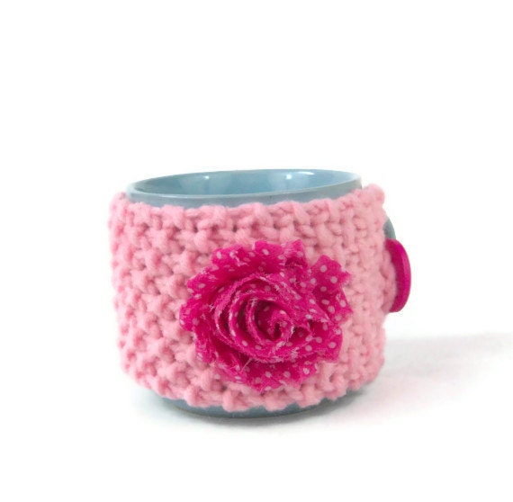 Knitted mug cosy pastel pink mug hug Spring floral cosie chunky cup cover with spotty fabric rose