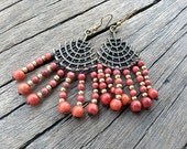 Terracotta Red Howlite Chandelier Earring, Antique Copper Long Drop Dangle Earring, Orange Red Jewelry, Shabby Chic Modern Summer Fashion