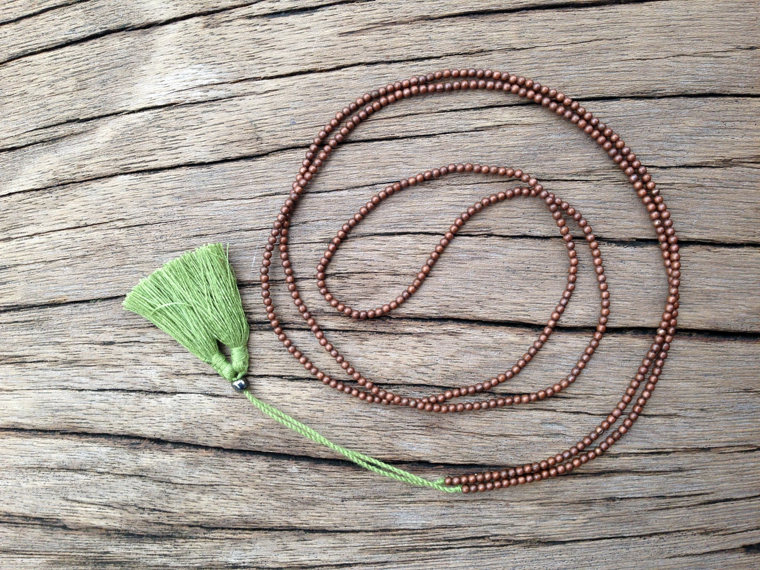 Long Copper Beaded Necklace, Avocado Green Tassel, Casual Chic Dainty Necklace, Delicate Jewelry, Boho Necklace, Green Brown Summer Fashion
