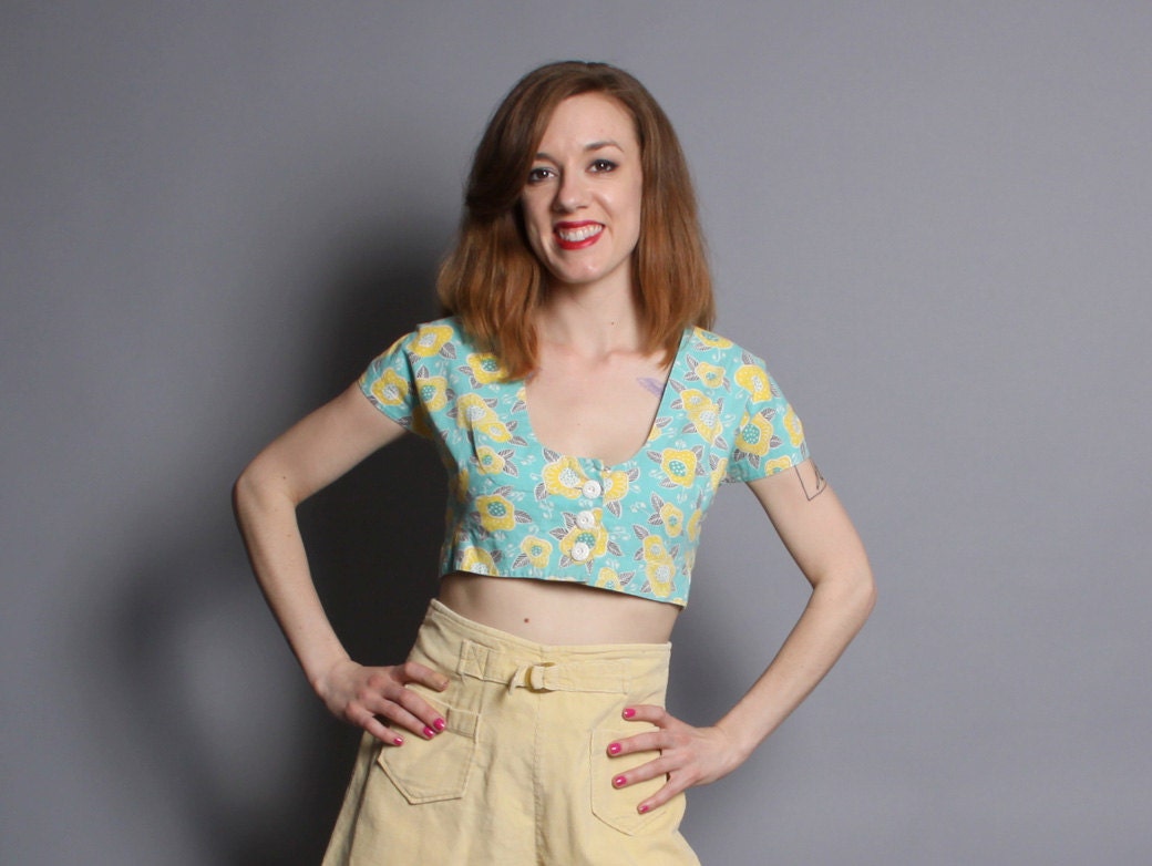 Reserved...40s Floral Crop TOP / Aqua & Yellow Cotton Blouse, m