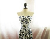Spring Antique Rose Navy Blue Garden Toile Alice in Wonderland White Marie Antoinette Jane Austen Victorian Tube Sweetheart Dress