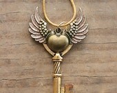 Vintage Gold Winged Heart Key Charm Neclace