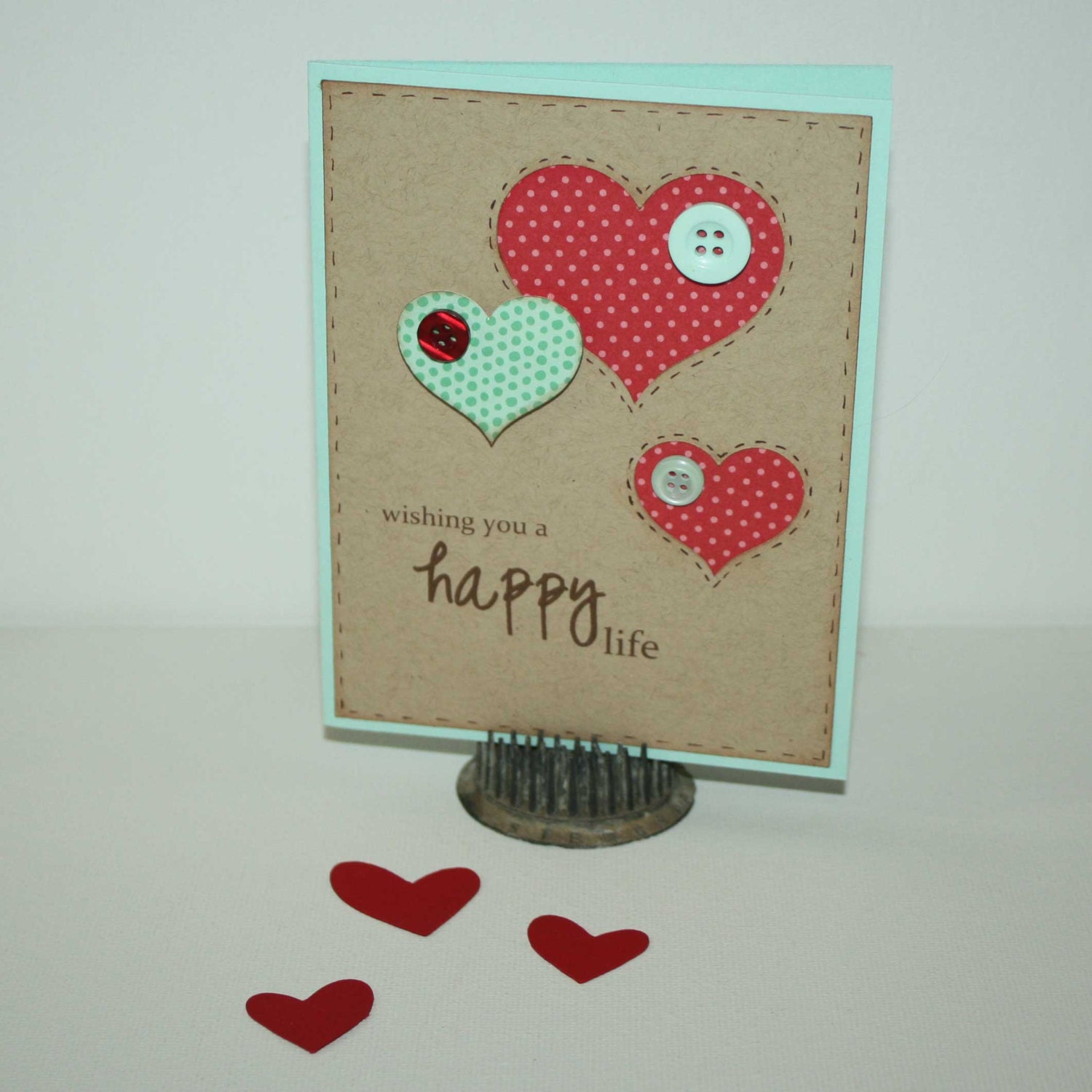 Wedding card / Valentine card - 3 hearts Love card, red and aqua