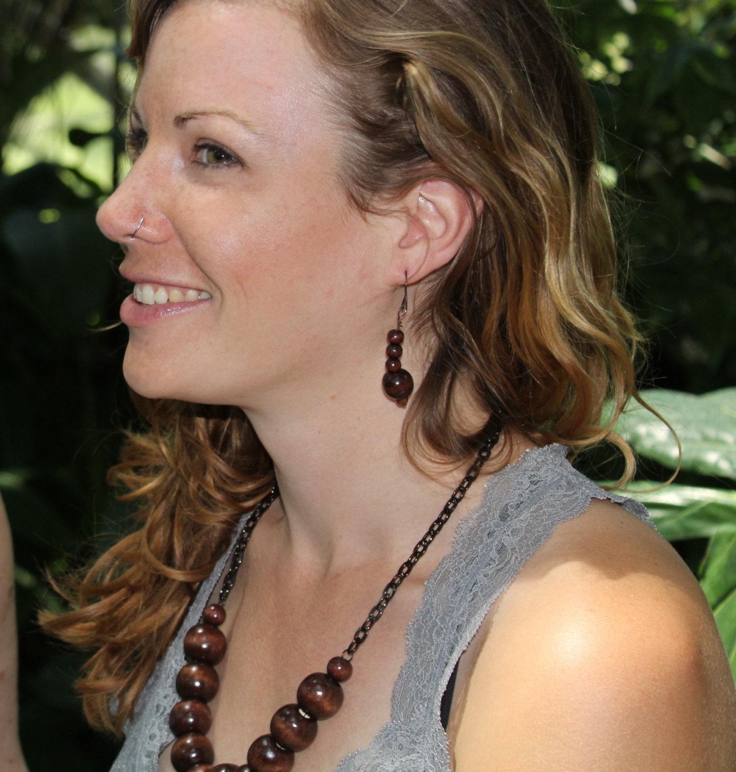Wooden Beaded Necklace and Earring set, chunky beads and metal chain, black nickel, 24in