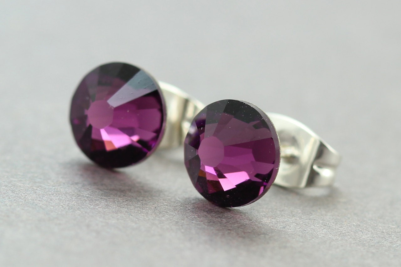 Swarovski Stud Earrings : Amethyst Swarovski Crystal Stud Earrings, Sterling Silver Plated Earring Posts, February Birthstone