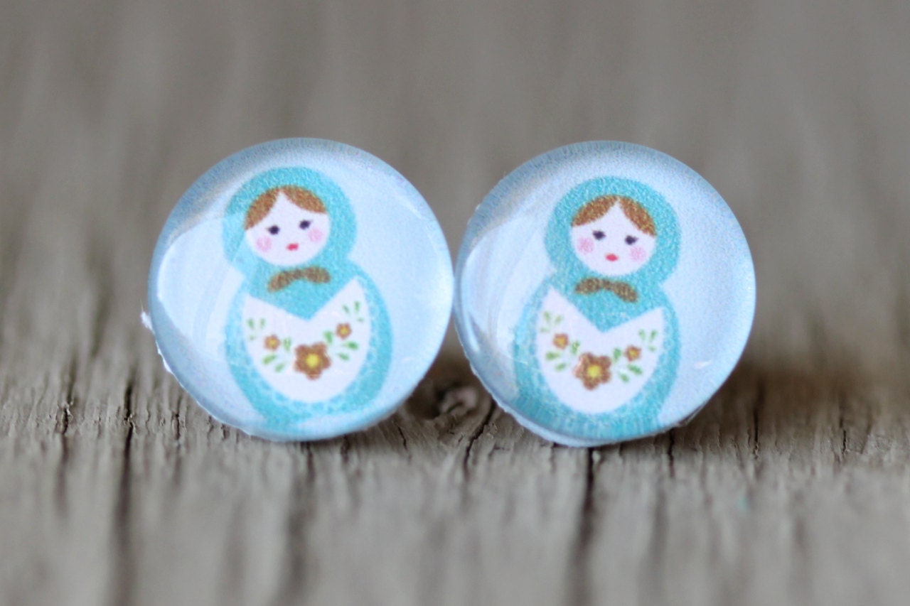 Fake Plugs, Nesting Doll Earrings : Light Pastel Blue Studs, Matryoshka Doll, Stacking Doll, Cute, Fun, ArtisanTree, Bohemian, Fake Plugs