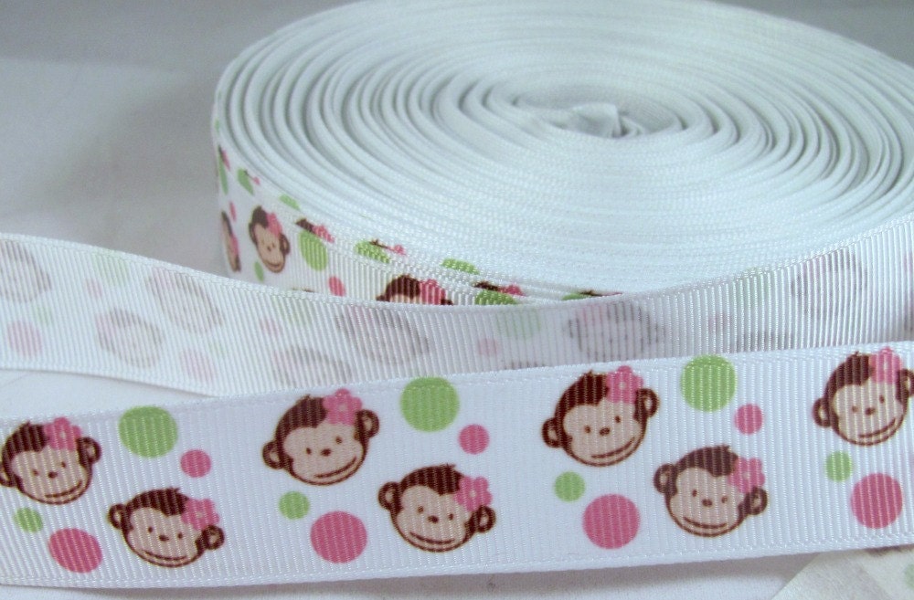 Monkey Face 7/8" Grosgrain Ribbon in pink, green