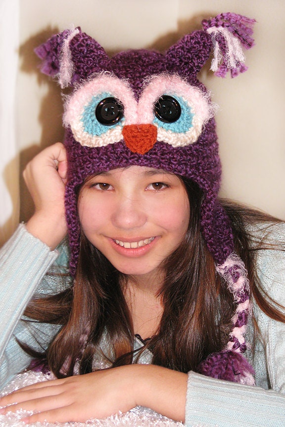 Girl OWL Hat,  Baby Purple Owl Hat, Toddler Owl Hat, Baby Crocheted Photo Prop