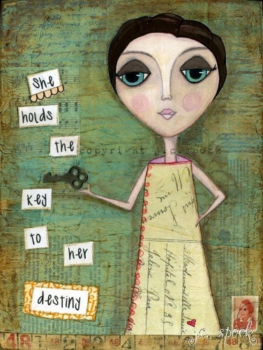 Mixed Media Art: Destiny Girl 8x10 print - Whimsical Art, Folk Art, Inspirational Art, Wall Art, Girl Art - Teal, Turquoise, orange