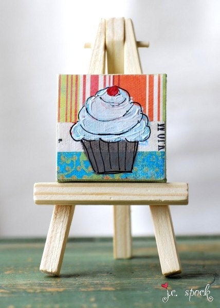Mini Painting: Fairy Cupcake 2x2, original painting, acrylic painting, mini original, cupcake art, mixed media original, blue, orange