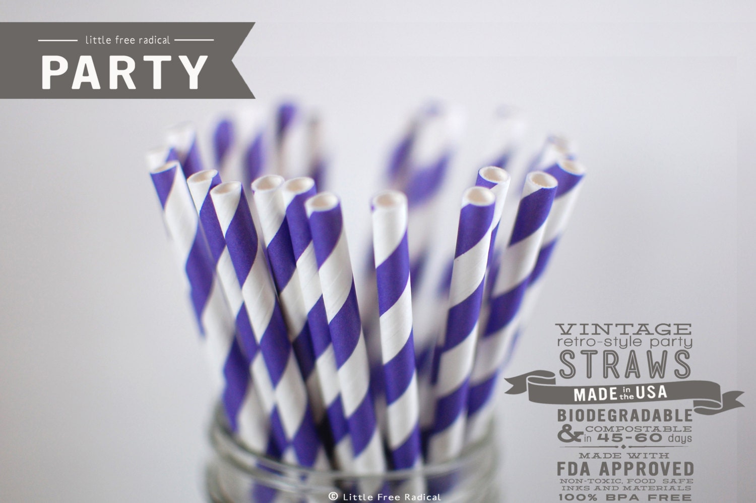25 Purple Striped Biodegradable Paper Straws & Digital Flags - Party - Birthday - Baby Shower - Wedding