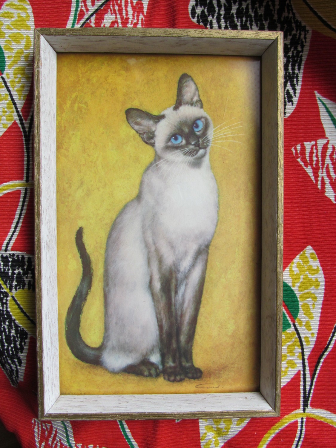 Cute vintage 60's Siamese cat  print beatnik wall hanging frame MCM