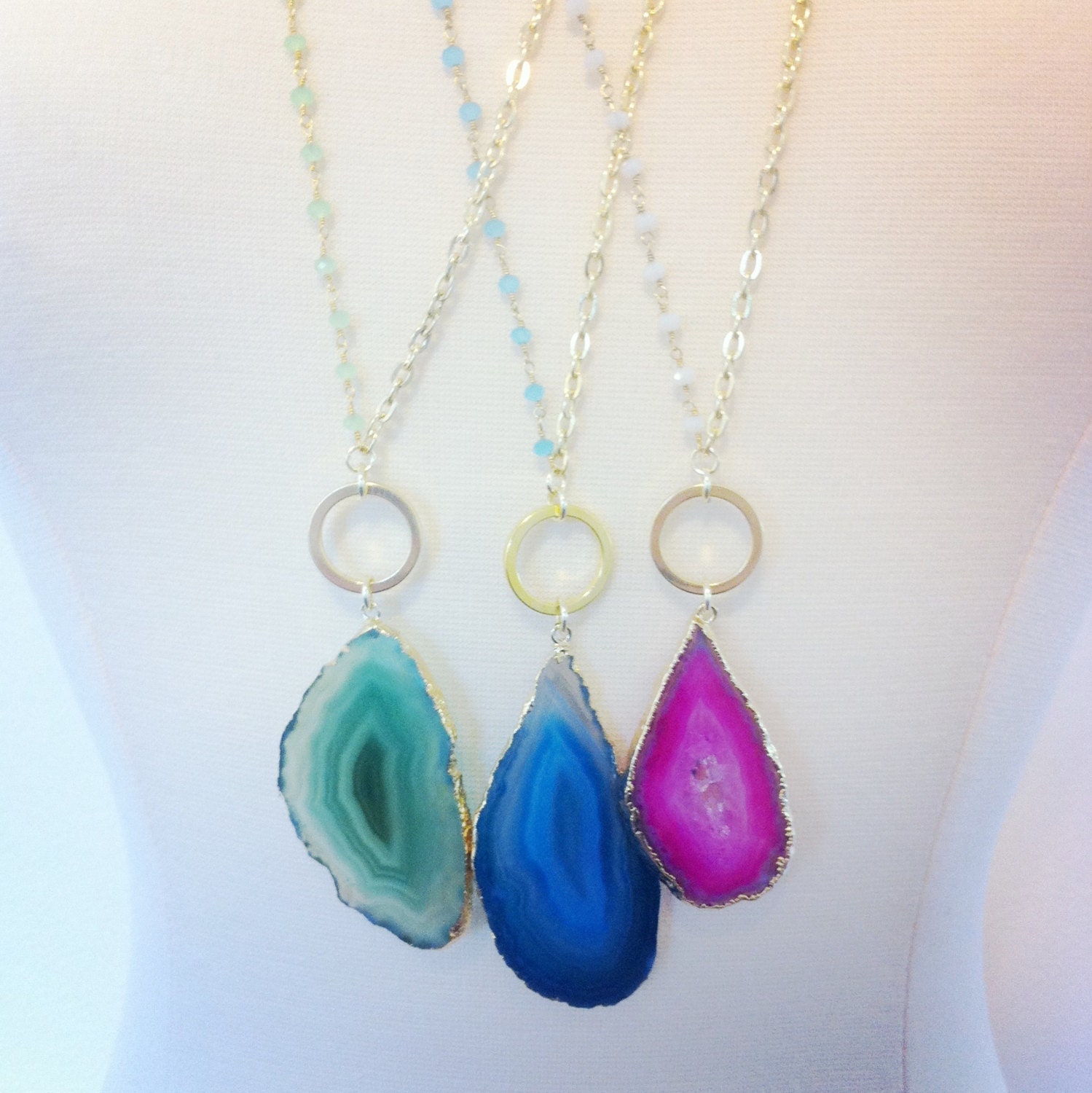 Gold Plated Blue Agate with Wire Wrapped Gemstone Chain