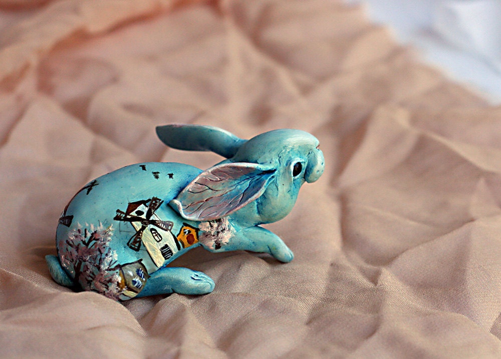 Light Turquoise Watercolor Spring Rabbit  N2. Polymer clay handpainted miniature by Madre Olius