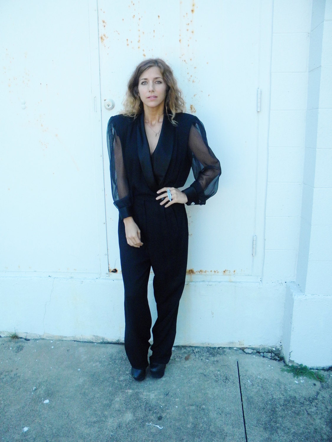 SHEER sleeve BOLD black jumpsuit. menswear inspired. one piece catsuit 90s 80s powersuit