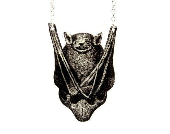 Black Bat Necklace Wings Cute Animal Gothic Jewelry Statement Vampire Fangs Vintage Illustration Halloween