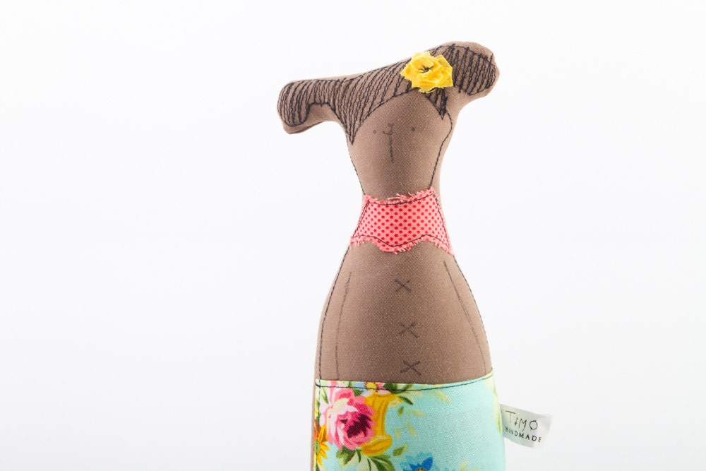 Young woman doll - Soft sculpture - brown girl with pigtails Wearing Flowery skirt  and pink scarf , handmade eco  fabric doll