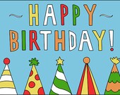 Happy Birthday Card, Colorful, Bright, Party Hats, Blank Bday Greeting Card