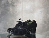 1940s Black Suede Peep Toe Heels