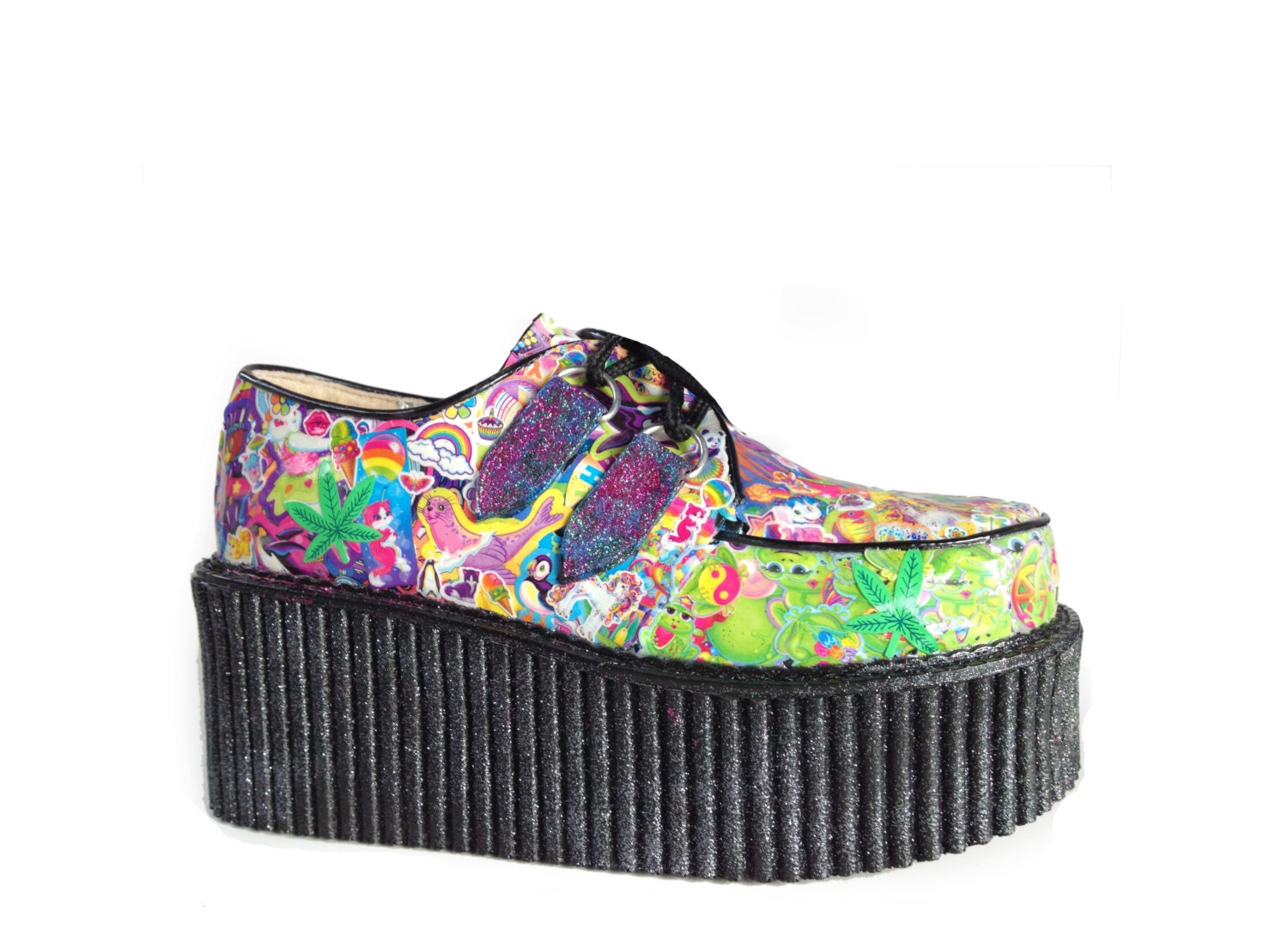 Smiley Face Unicorn Glitter Mega Platform Wedge Hand Made Collaged Art Creepers / Custom Size