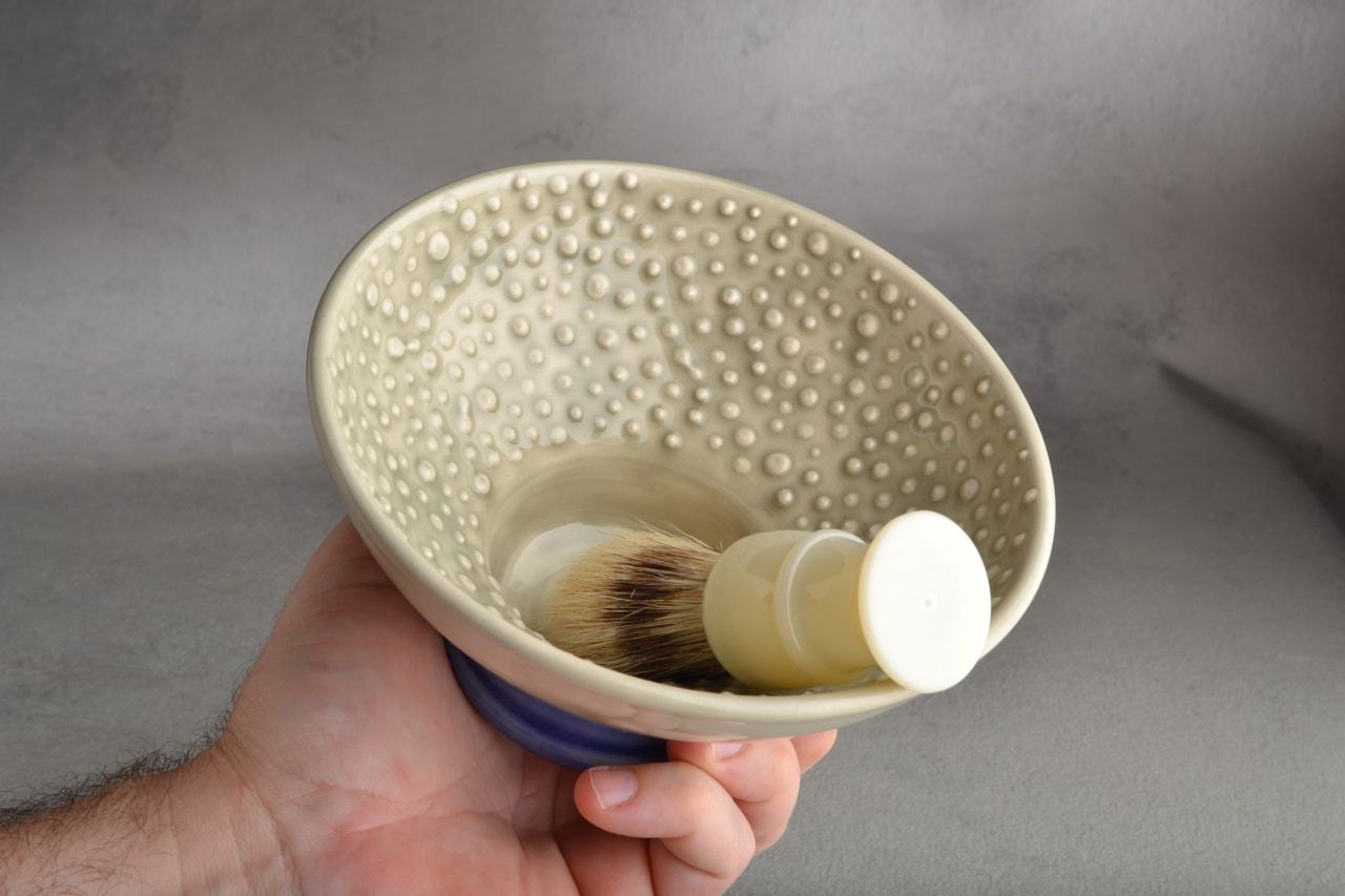 Shaving Bowl Ready To Ship Gray and Blue Dottie Shaving Bowl by Symmetrical Pottery