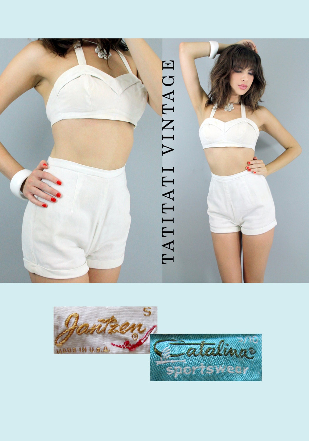 60s PIN UP Bombshell Two Piece Bra Top High Waist Boyshorts  / Vintage Clothes by TatiTati Vintage on Etsy