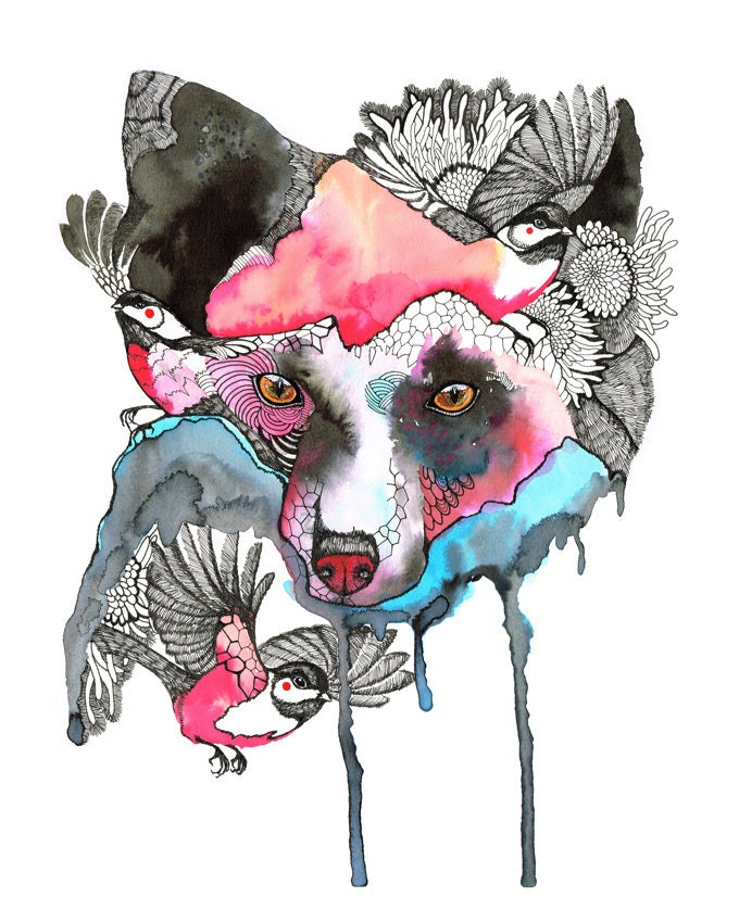 Silver Fox - fox and birds watercolor wild animal art by Ola Liola, size 8"x10"
