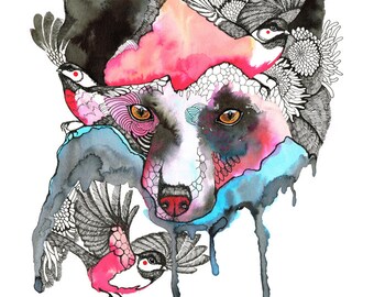 Silver Fox - fox and birds watercolor wild animal art by Ola Liola, size 8"x10"
