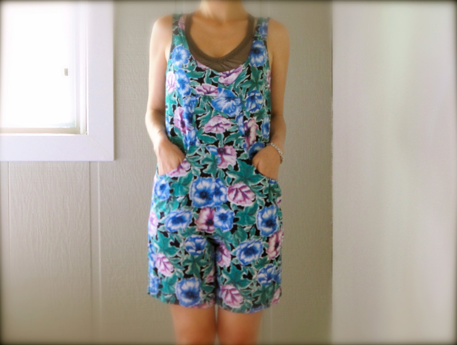vintage women 80s summer sleeveless teal green blue black purple floral printed onsie playsuit romper shorts (small)