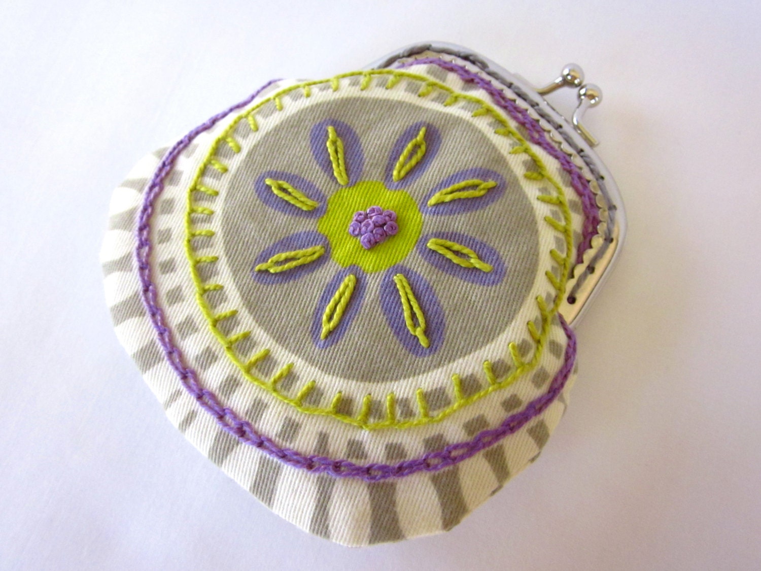 hand embroidered snap coin purse wallet - purple chartreuse green daisy flower - julieandco2 - waverly fabric metal kiss lock frame