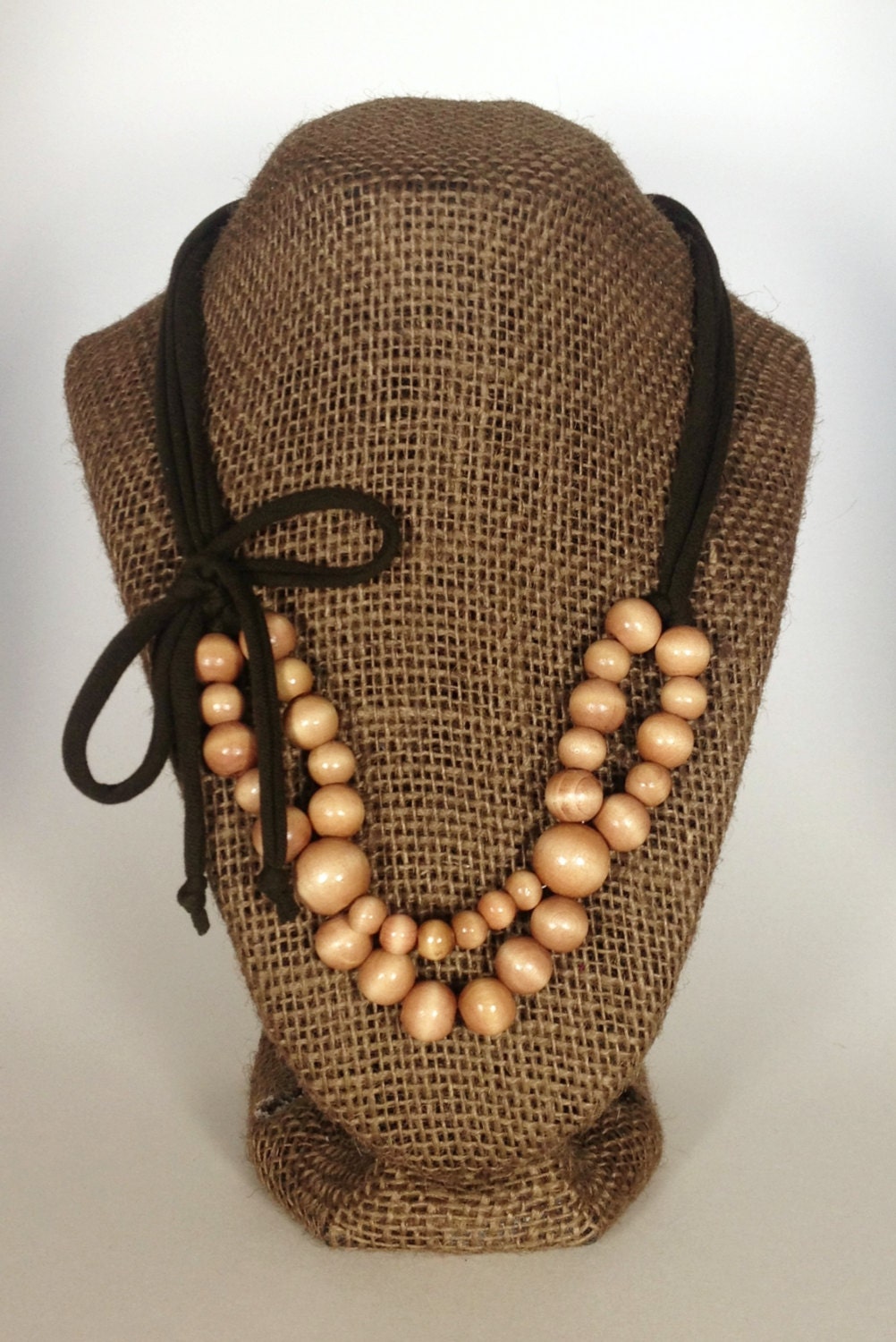 Wood bead t-shirt necklace, adjustable, Dark Brown yarn