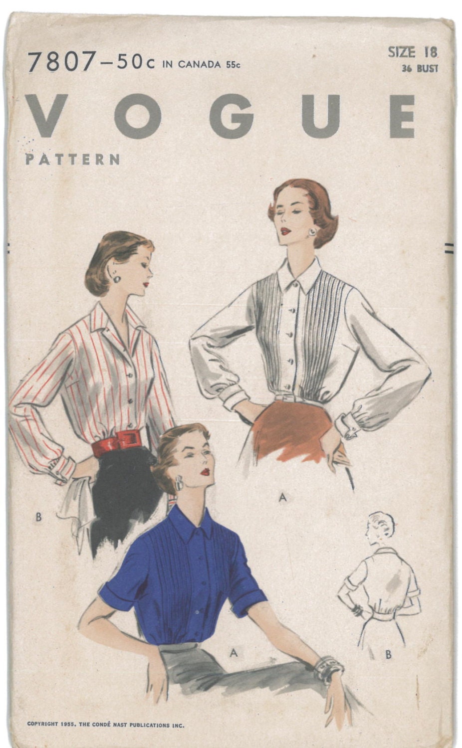 1950s Vintage Vogue Womens Blouse Sewing Pattern Vogue 7807 Bust 36