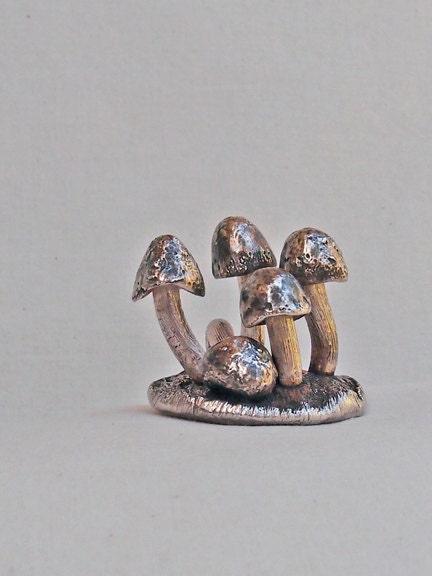 Mushroom Quintet Sculptured Miniature in Fine Silver OOAK Handmade