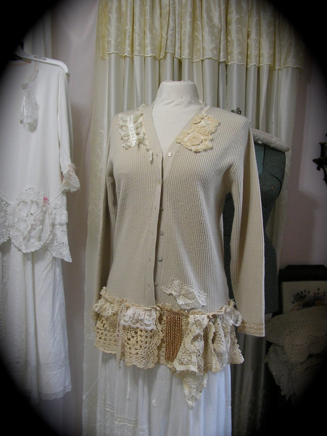 Cottage Shabby Sweater upcycled recycled chic altered couture clothing cardigan crochet lace ecru MEDIUM