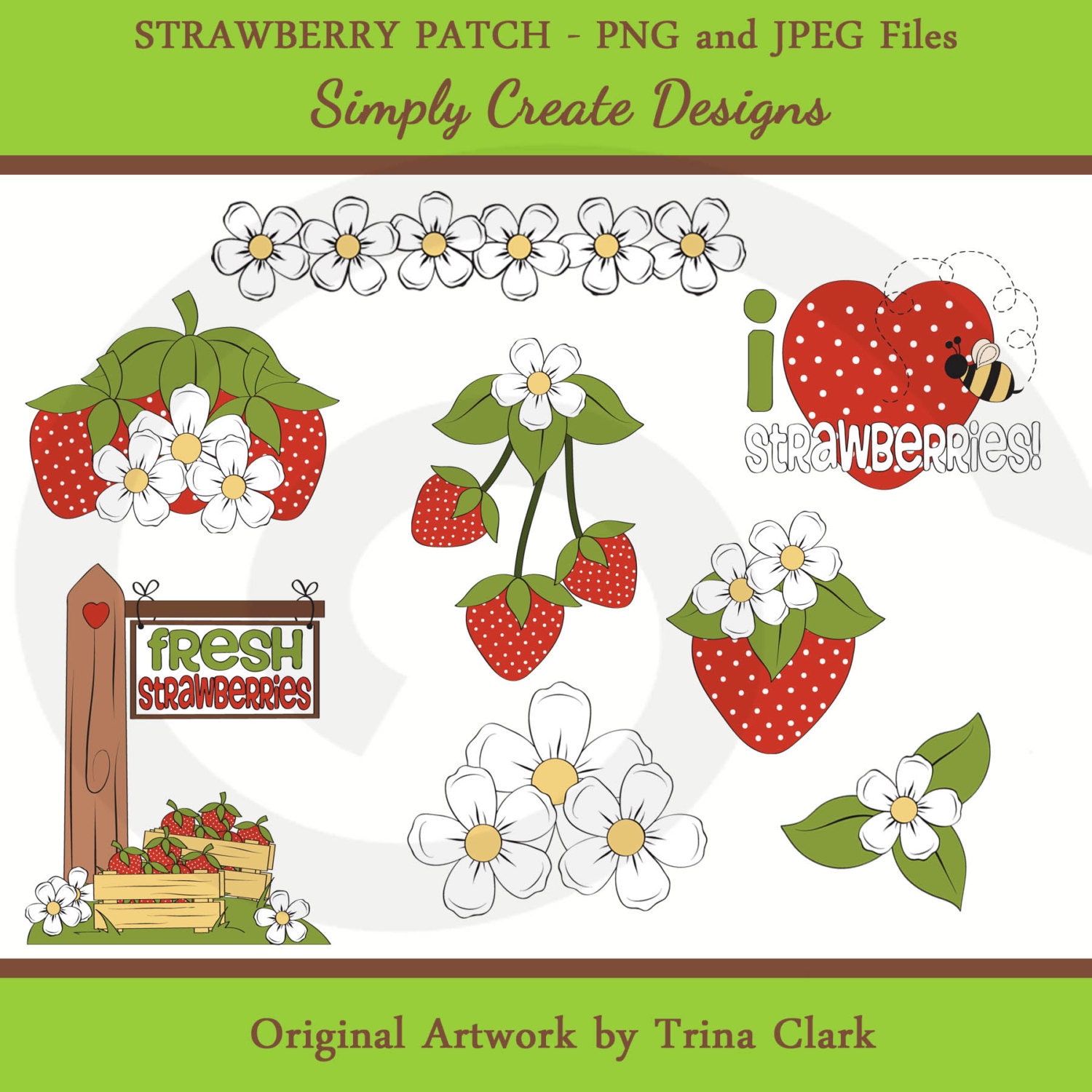 Strawberry Patch Clipart Flowers Clip Art Commercial and Personal Use