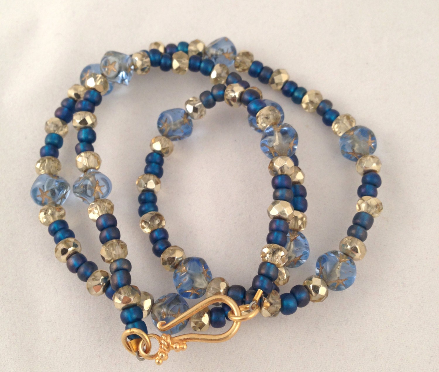Starry Nights Necklace with Vintage Blue Glass square beads & czech gold crystal - 24kt vermeil clasp -cobalt and gilt