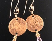 Brass Roman Coin style Earrings - amethyst cz crystals & 14kt gold-filled handmade earwires  - made of vintage buttons - antique gold