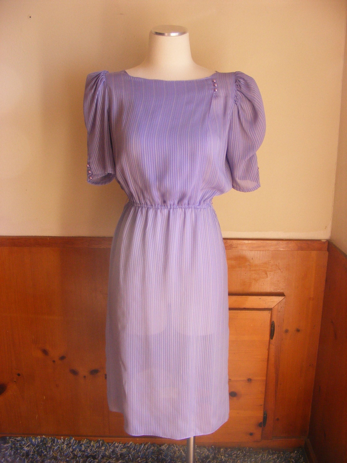 80s dress sheer violet pin stripe puff sleeve chiffon xs small