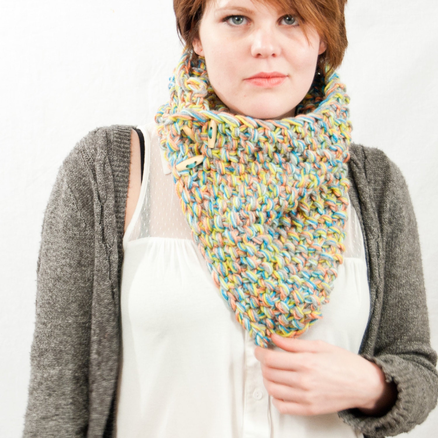Hand Knit Cowl Scarf with Buttons