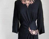 1930s Dress / STUNNING Draped Side Black Crepe / Sequins Lace Appliques Soutache M