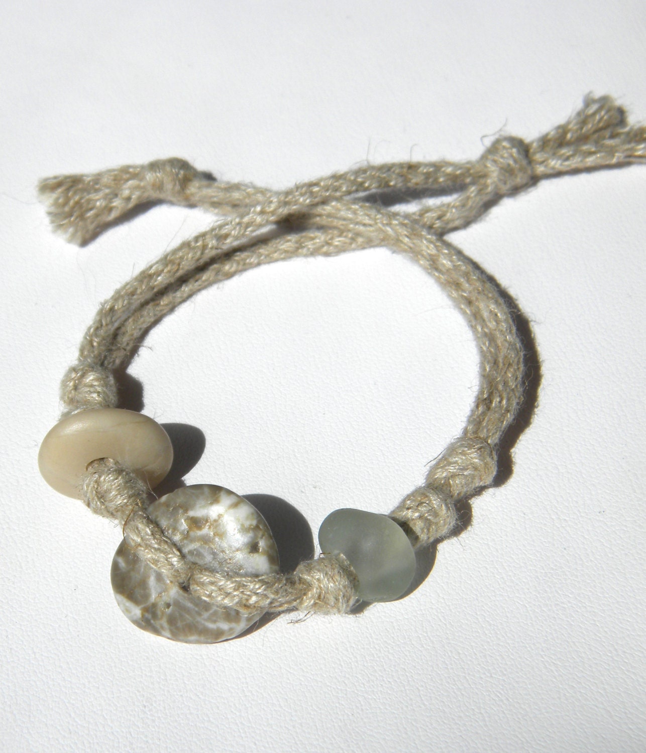 Beach Stone Bracelet Hemp with Sea Foam Green Sea Glass