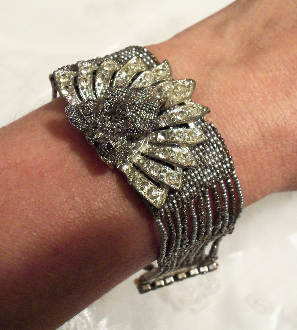 Silver Rhinestone Bracelet, Silver beaded mesh cuff, Victorian Noir Bridal Bracelet, Vintage upcycle jewelry