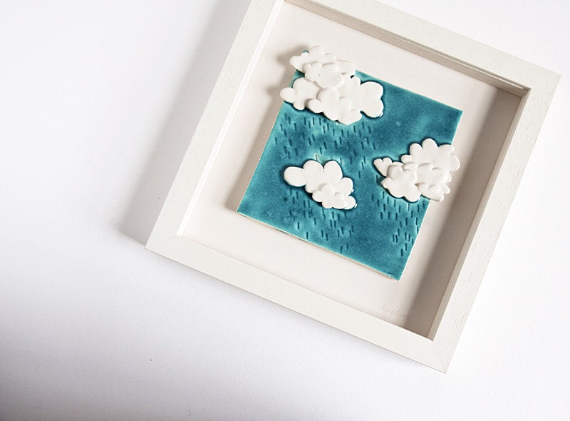 spring rainy day, ceramic tile, white and turquoise wall art, minimalist wall hanging, spring home decor by karoArt