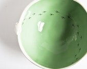large cereal bowl, pastel green and white, pottery serving dish, decorative bird bowl, modern ceramic vessel, handmade by karoart