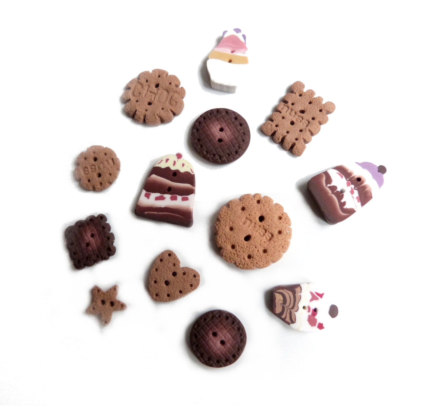 Miniature biscuits cookies icecream BUTTONS - Set of 13 - handmade in polymer clay - doll house faux food